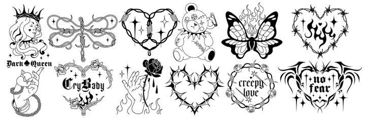 Emo gothic Tattoo art, vintage 90s, 00's silhouettes. Spike wire hearts, fire, flame, love art, heart in glam weird style. Mystic vector hand drawn tats. Y2k, black and white colors, goth stickers. - obrazy, fototapety, plakaty