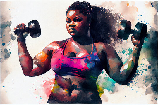 Beafutiful afroamerican body positive young woman in gym exercises weight lifting