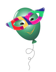 Luftballon mit bunte Masken Brille mit Glitzer und Gesicht,
Karte Vorlage für Partys,
Vektor Illustration isoliert auf weißem Hintergrund
