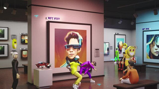 3D avatars with emotions icons in futuristic immersive virtual museum. Exhibition of NFT pictures in meta universe. Technologies and innovations. Concept of metaverse, cyberspace and digital world.