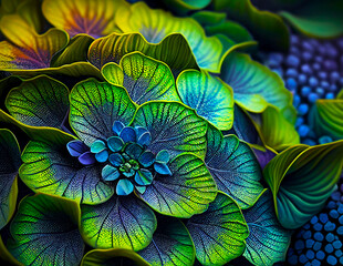 Dark green and blue tropical leaves colorful neon light, backlight, leaves composition, plant background, palm leaves