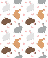 Vector seamless pattern of different color flat hand drawn rabbit bunny isolated on white background