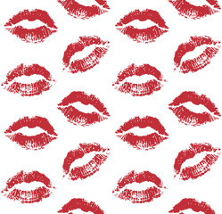Vector seamless pattern of red lipstick lips kiss imprint isolated on white background