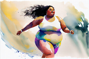 Beafutiful afroamerican body positive young woman running. Run and fitness, healthy lifestyle - 564080453