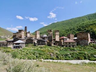 Fototapeta na wymiar Panoramic view of Ushguli mountain village, Svaneti, Georgia.