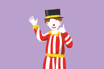 Graphic flat design drawing male clown hand say hi and other hand with call me gesture. Wear hat and smiling face makeup. Entertain kids at birthday party or circus. Cartoon style vector illustration
