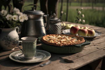 Apple pie, apples and tea on rustic wooden table in garden outdoors. AI generative art, concept illustration generated by AI.