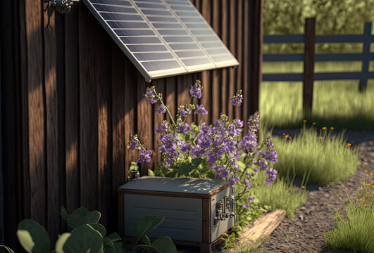 Solar panels powering wooden house or private cabin. AI generative, illustration generated by AI. Summertime, purple garden flowers.