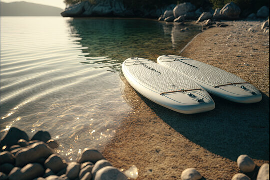 Two Stand Up Paddle surf boards, or SUP boards on a seashore in Croatia. AI generative, image generated with AI.