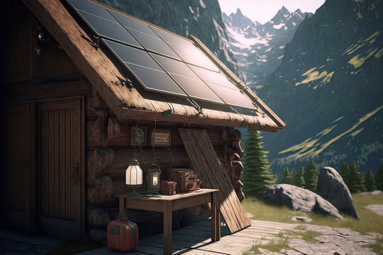Solar panels on the roof of wooden log cabin, mountain cabin somewhere in Alps. AI generative, illustration generated by AI.