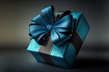 Beautiful blue and black gift box on black table against blurred festive lights