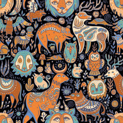 Fototapeta premium Doodle fantasy forest creatures seamless pattern, cute background