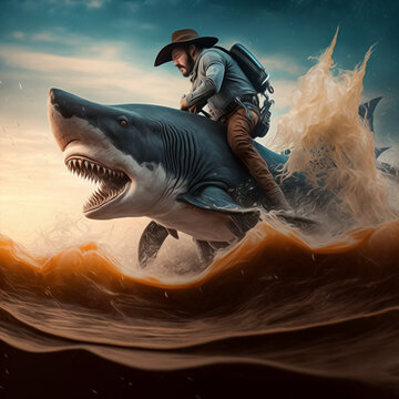 a cowboy riding a great white shark like a bull rider .