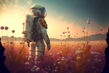  astronaut, stands in a field of flowers, surrounded by the beauty of nature.His journey has inspired many to look closer at our planet and its environment. generative ai