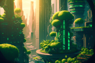 The future of cities is here, utopian vision of a green and futuristic environment. This eco-friendly cityscape features sustainable architecture, renewable energy sources, generative ai