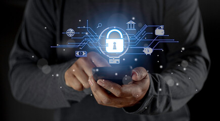 Online cyber social security internet cyberspace law rules rights regulation security lock protection against copyrights misuse conduct, social media private data privacy usage, blue banner icon