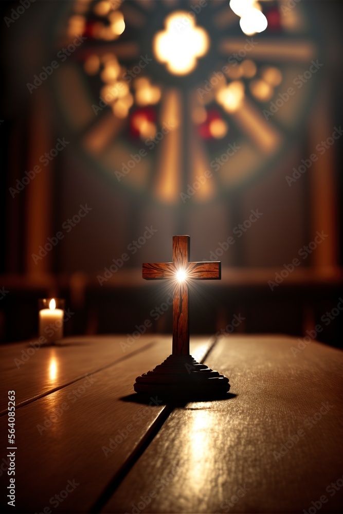 Wall mural illustration of a church interior with bokeh ceremony lighting and a wooden crucifix on a wooden tab