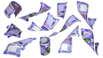 3D rendering of 100 Indian rupee notes flying in different angles and orientations