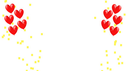 たくさんの赤いハートの風船と黄色の紙吹雪のイラスト素材(背景透過)アルファチャンネル付png	
