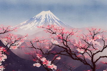 Japanese sakira. Full cherry blossom, with Fuji mountain background, Japan