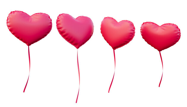 3d illustration of four valentines day heart balloons, for wedding day and mother's day