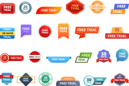 Free with trial icons set cartoon vector. Demo test. Free offer