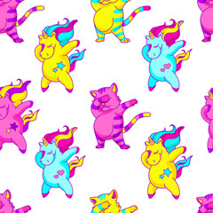 Dabbing dance tile seamless pattern, rainbow color design concept. Fun vivid illustration with unicorn, dabbing cat.Trendy fabric, web wallpaper, vibrant funny illustration.