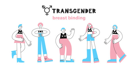 Transgender breast chest binding. Set of trans ftm people with lgbt symbols and bra in flag colors. Equality, diversity, inclusion, rights concept. Vector flat illustration.