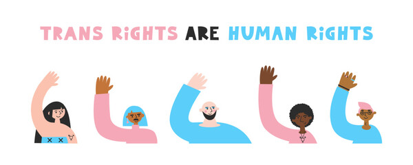 Trans rights are human rights quote. Transgender day of visibility. LGBT people in flag colors with symbols, hands up. Equality, diversity, inclusion concept. Vector flat illustration. - obrazy, fototapety, plakaty