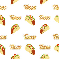 Seamless pattern of Tacos and Handwriting Lettering. Latin American cuisine. Fast food menu. Isolate