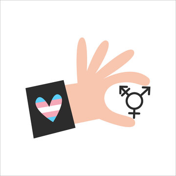 Hand with transgender flag heart and symbol. Trans day of visibility. LGBT equality, diversity, inclusion concept. Vector flat illustration.