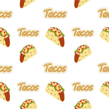 Seamless pattern of Tacos and Handwriting Lettering. Latin American cuisine. Fast food menu. Isolate