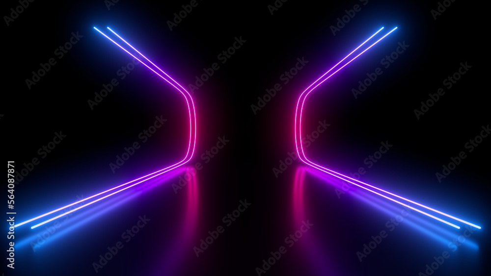 Poster sci fy neon glowing wave lines in a dark hall. reflections on the floor. empty background in the cen