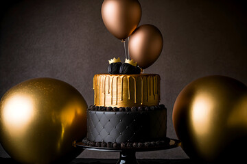 Golden cake with golden and black balloons. Generative AI