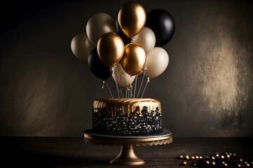 Golden cake with golden and black balloons. Generative AI