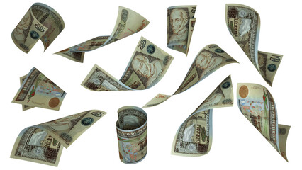 3D rendering of 100 Guatemalan Quetzal notes flying in different angles and orientations