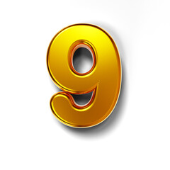 3D golden number 9 isolated on transparent background
