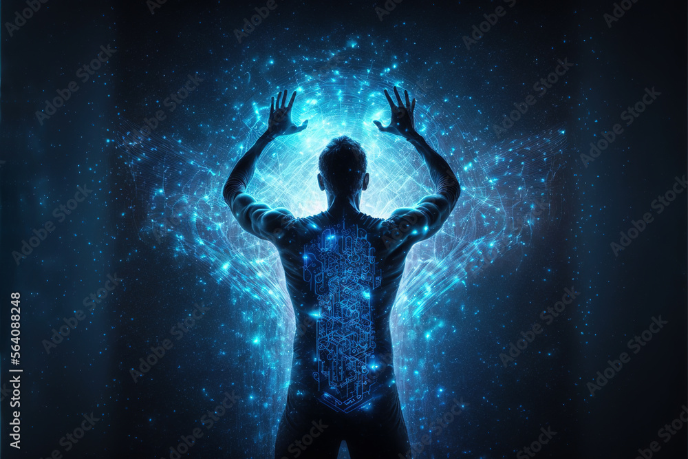 Aufkleber man controls energy, futuristic system of transformation, generative ai