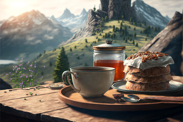 Breakfast at mountain peak at sunrise, perfect view from hotel or restaurant, generative AI