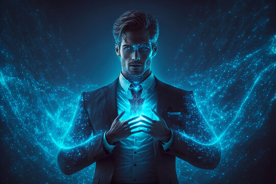 Man controls cyber energy, futuristic cyborg or human with tech implant, generative AI.