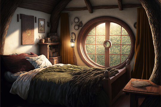 Hobbit house interior, inside fantasy wooden hut in forest, generative AI