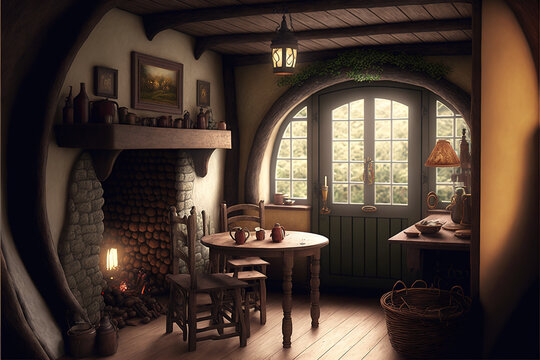 Hobbit house interior, inside fantasy wooden hut with fireplace in forest, generative AI.