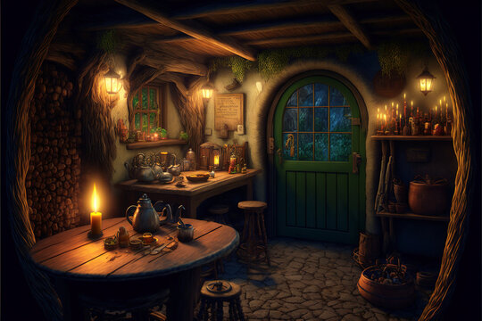 Hobbit house interior, inside fantasy wooden hut at night in forest, generative AI