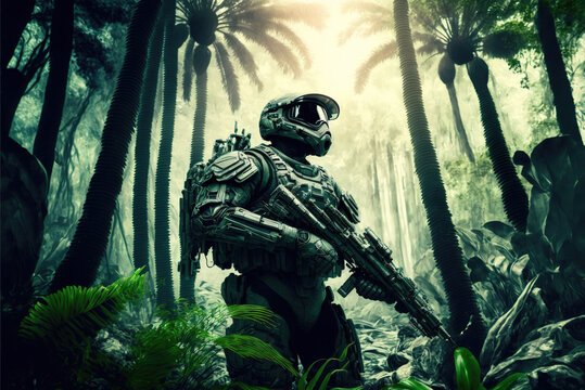 Soldier in jungle on alien planet, man with futuristic military equipment in forest, generative AI