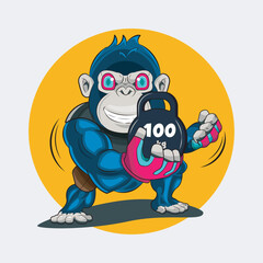 Gorilla workout holding heavy kettlebells vector illustration