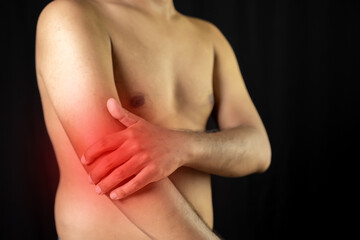 Fototapeta na wymiar man fat have arm pain. hand holding arm. pain health therapy.