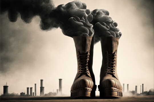 Black Smoke Pollution Billowing out of Smoke Stack Chimneys Shaped like Boots, CO2 Carbon Footprint Concept