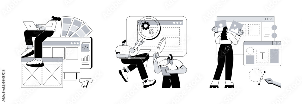 Poster user interface development abstract concept vector illustration set. interface design, user research