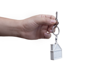 real estate agent with house shaped keys - home buying/selling concept on blue background - png transparent