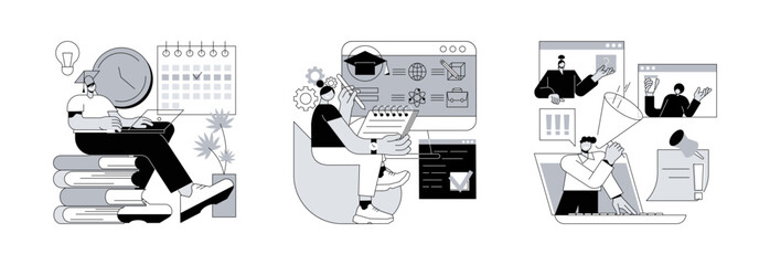 Flexible study plan abstract concept vector illustration set. Personalized learning, course enrollment, attention, apply for degree program, new student, concentration, multitasking abstract metaphor.